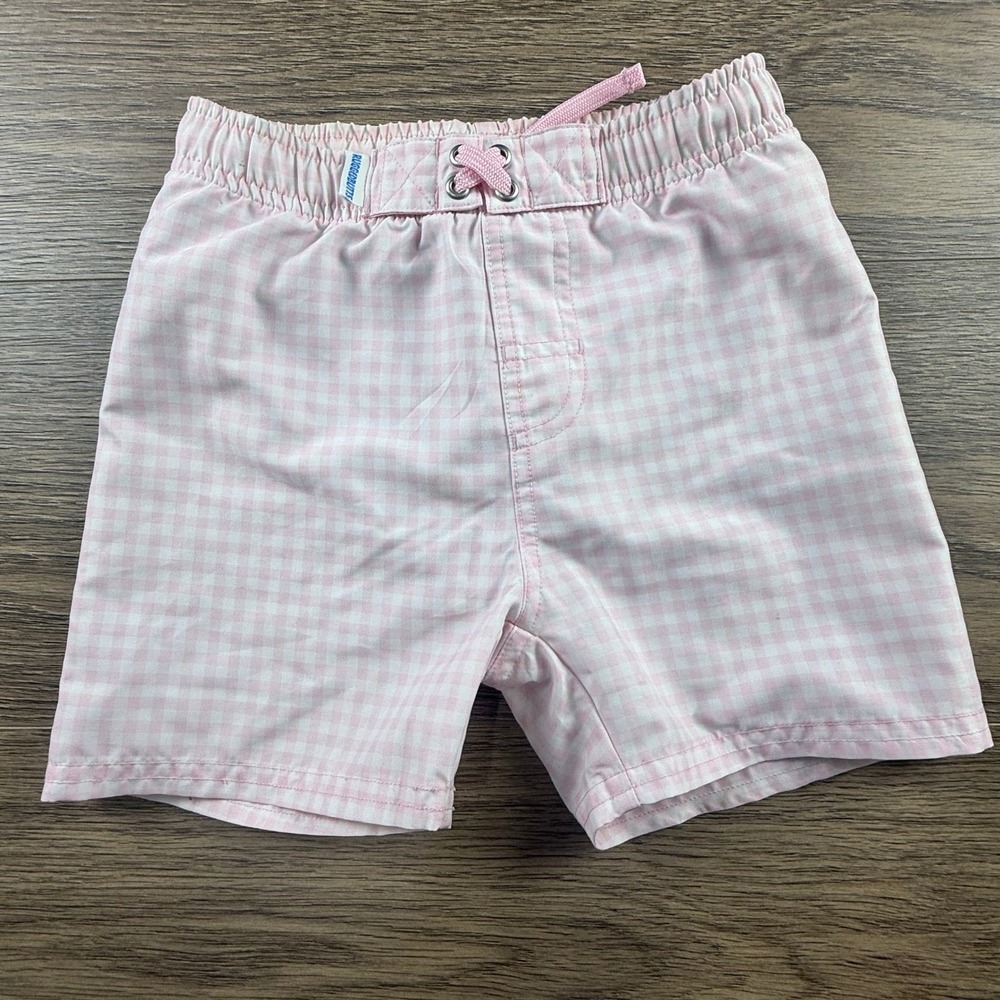 RuggedButts Toddler Boys Pink Gingham Swim Trunks Board Shorts Mesh Liner 4T